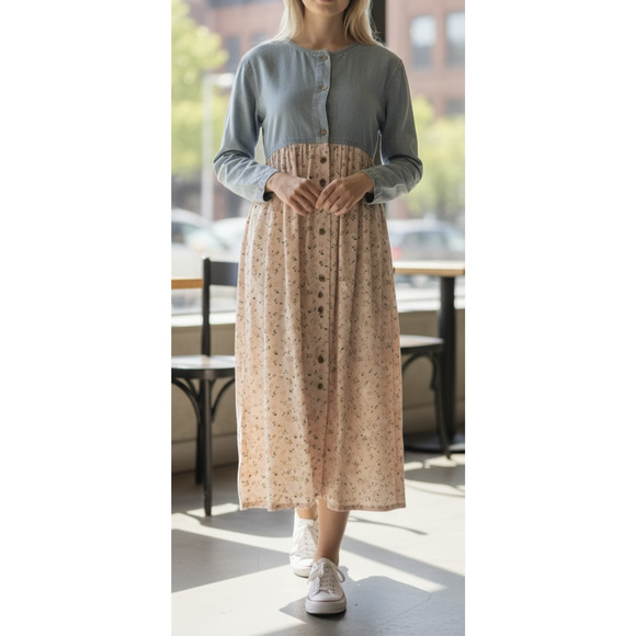 Vtg 90s Express Prairie Dress Denim Bodice Floral Maxi Cottagecore Coquette M - Picture 15 of 15